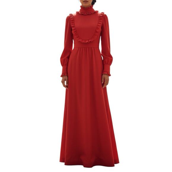 Vintage Dresses & Skirts - Vintage 70s JC Penney Red Ruffle Maxi Dress Sz M